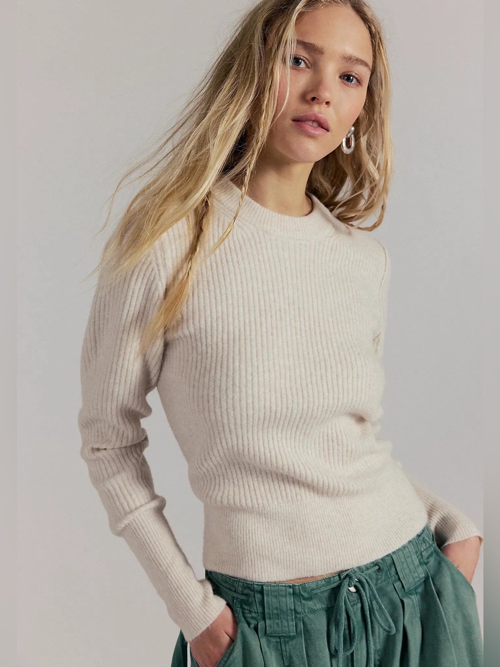 Free People Ever After Knit Pullover Almond Milk Heather Small